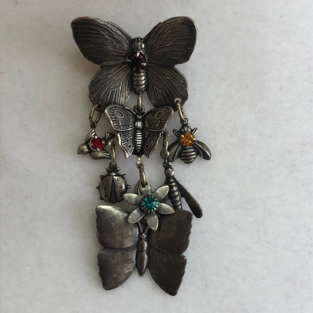 MARY DEMARCO Triple Butterfly Brooch Pin Silvertone Rare Vintage